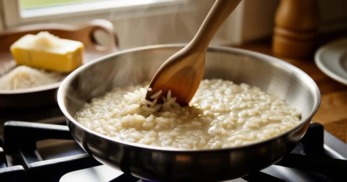 Kermaista risottoa sekoitetaan pannulla puulastalla