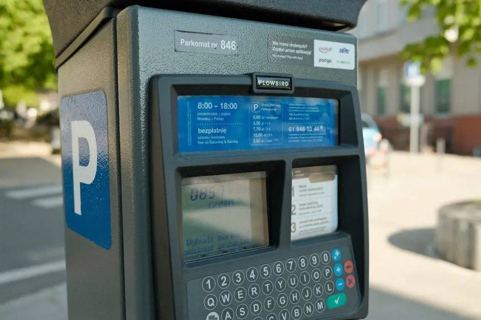 Close-up of a parking meter with digital interface in a city street.