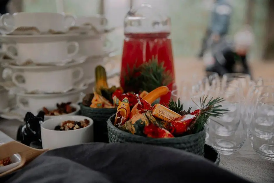 A beautifully arranged table with festive candies and glassware, perfect for a holiday gathering.