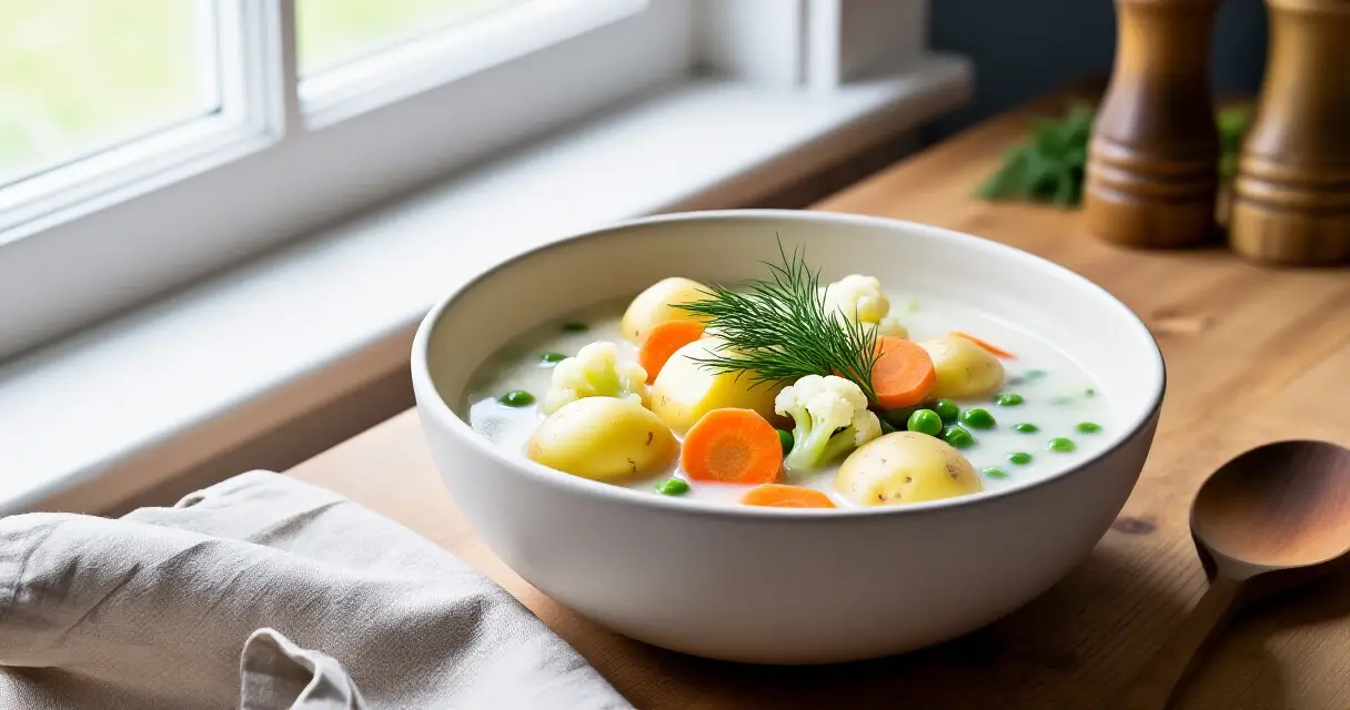 Lautanen perinteistä kesäkeittoa varhaisperunoilla, porkkanoilla ja tillillä
