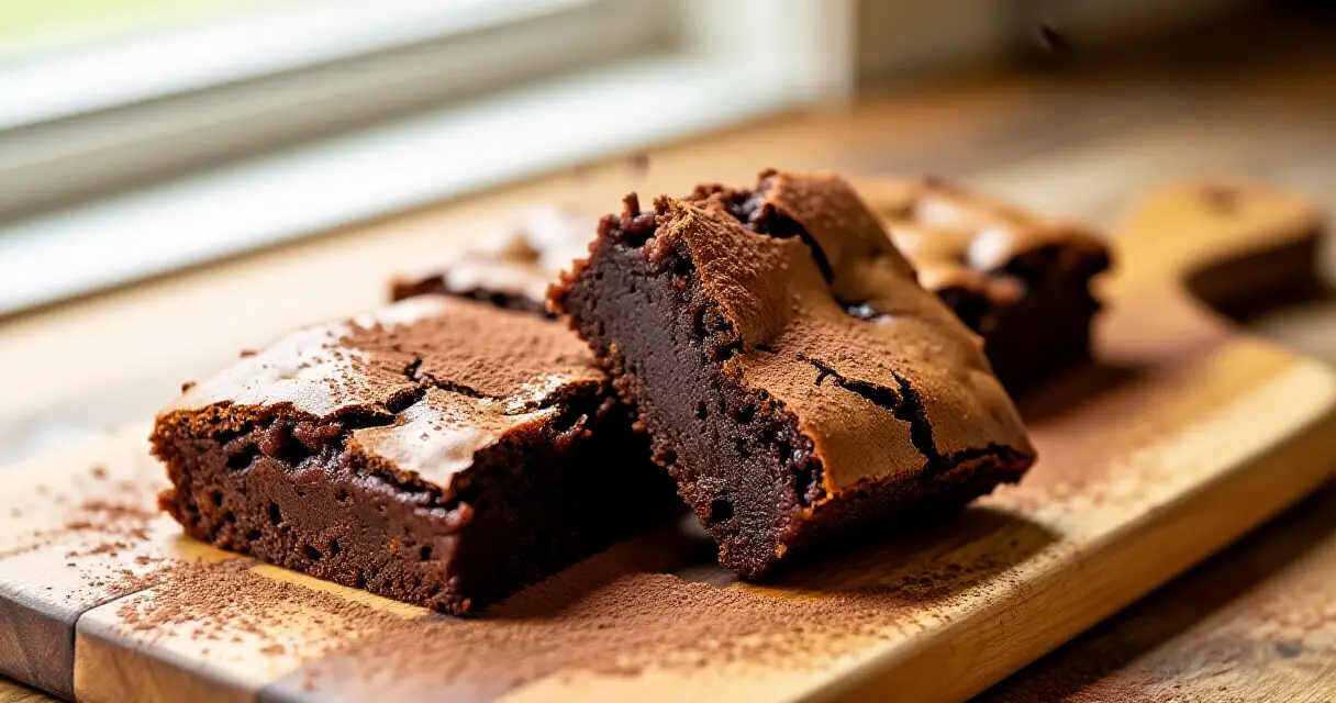 Tuoreita suklaisia browniei leikattuna puisella leikkuulaudalla