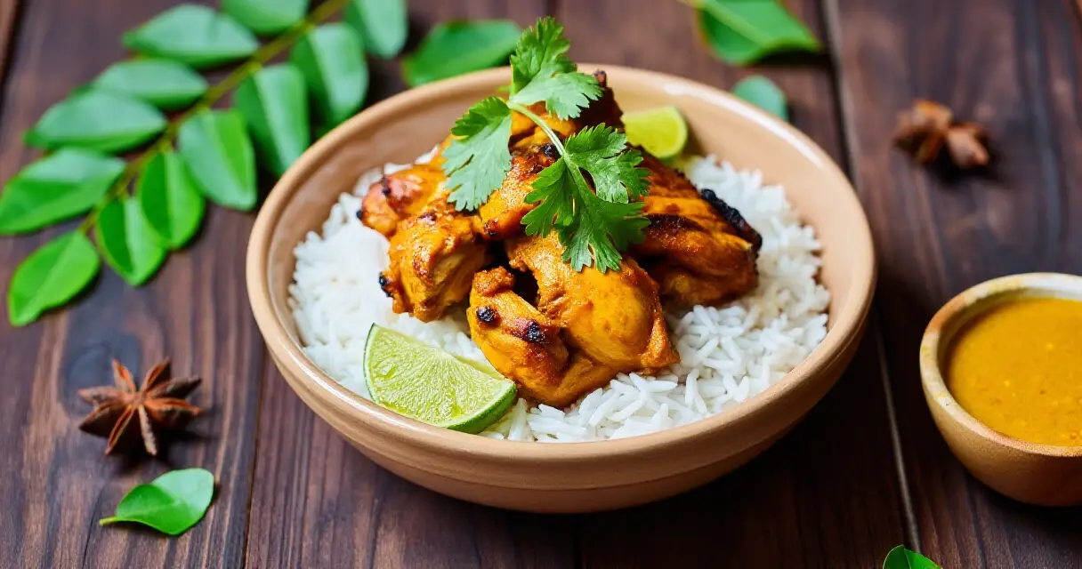 Kerala-bbq-kulho kookosriisill&auml;, grillatulla kanalla ja currykastikkeella