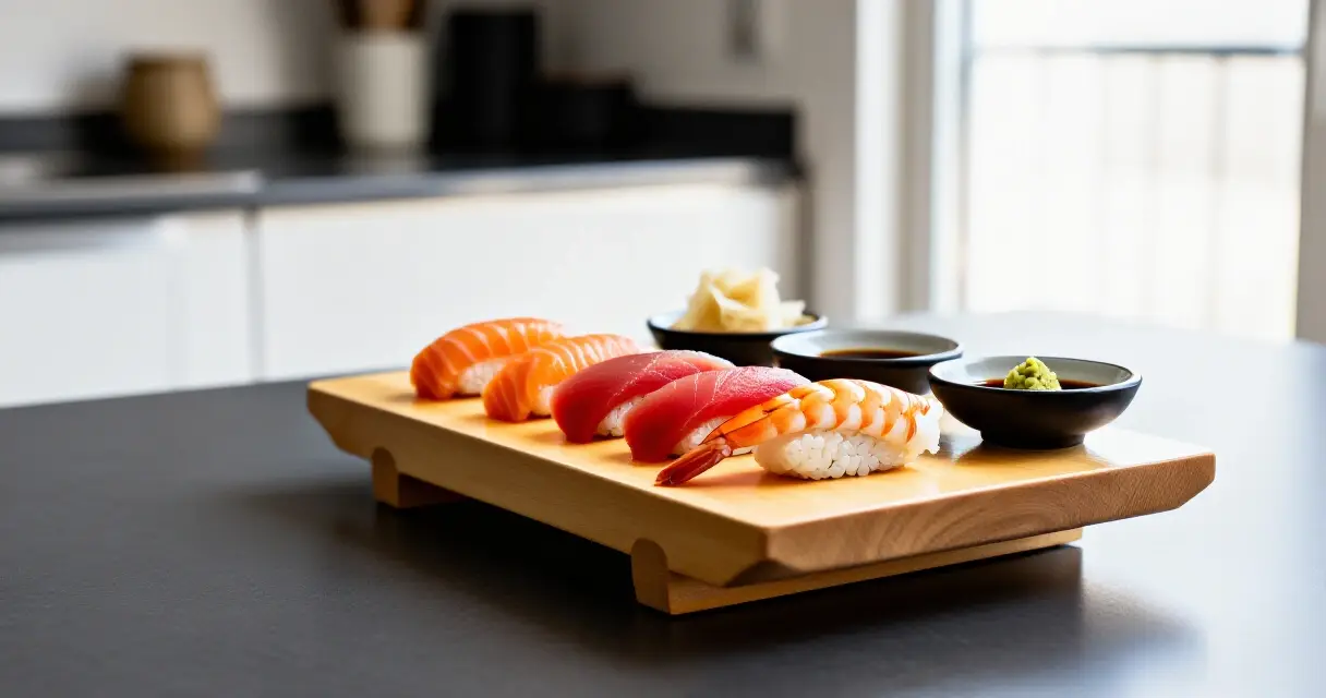 Tuoreita nigiri-sushi-annoksia puualustalla luonnonvalossa