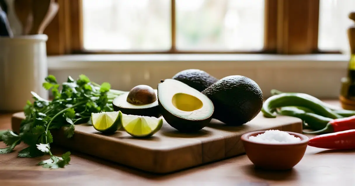 Kyps&auml;t avokadot, limettilohkot, chili ja korianteri guacamolen valmistukseen puisella leikkuulaudalla