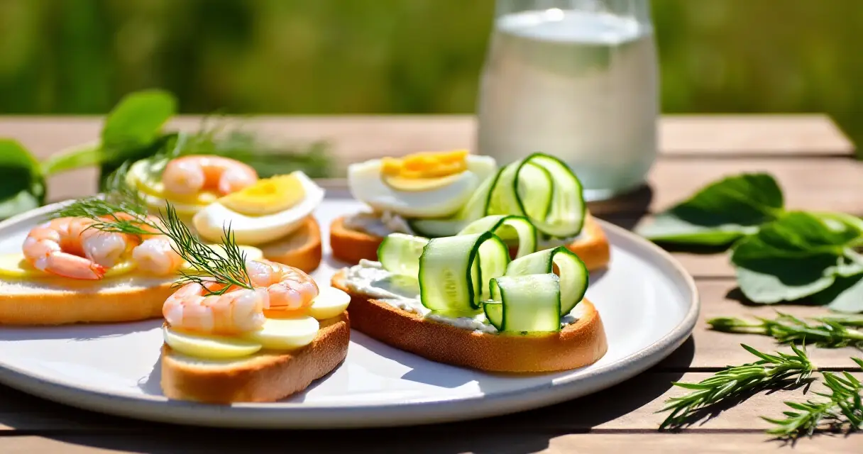Kylm&auml; kes&auml;paahtoleip&auml; katkaravuilla, tillill&auml; ja keitetyll&auml; munalla kes&auml;p&ouml;yd&auml;ll&auml;