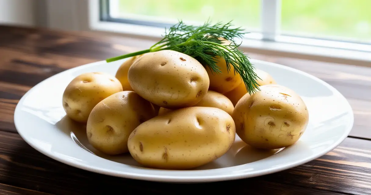 Keitettyjä varhaisperunoita ja tuoretta tilliä valkoisella lautasella