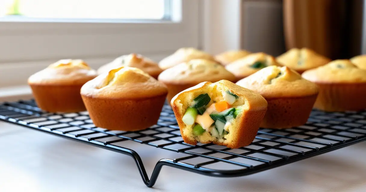 Tuoreet suolaiset muffinssit juusto- ja kasvisäytteellä jäähtymässä ritilällä