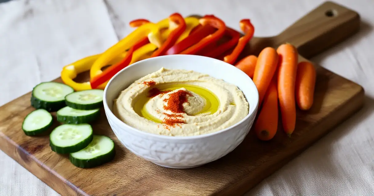 Kotitekoinen hummus kulhossa porkkanien ja paprikaviipaleiden kanssa