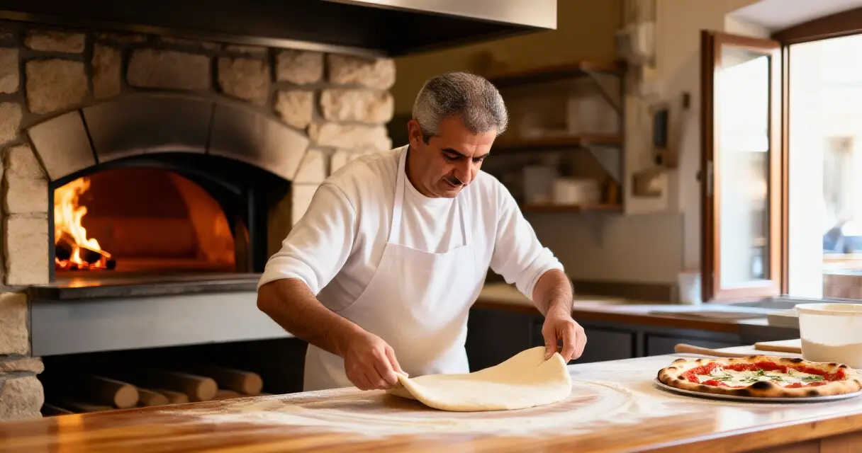 Napolilainen pizzaiuolo muotoilee pizzataikinaa k&auml;sin perinteisess&auml; kiviuunikeitti&ouml;ss&auml;