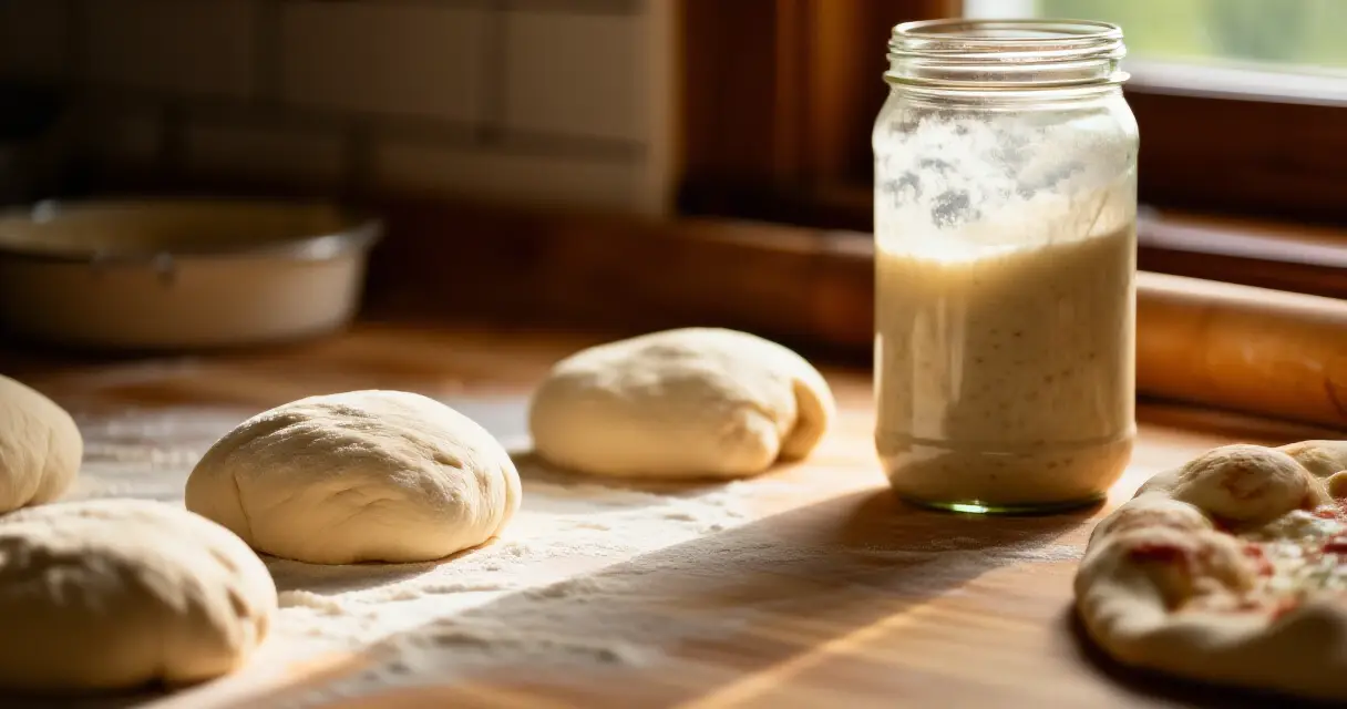 Napoletaanisia pizzataikinakuulia levossa jauhotetulla puupinnalla, vieressä aitojuuripurkki
